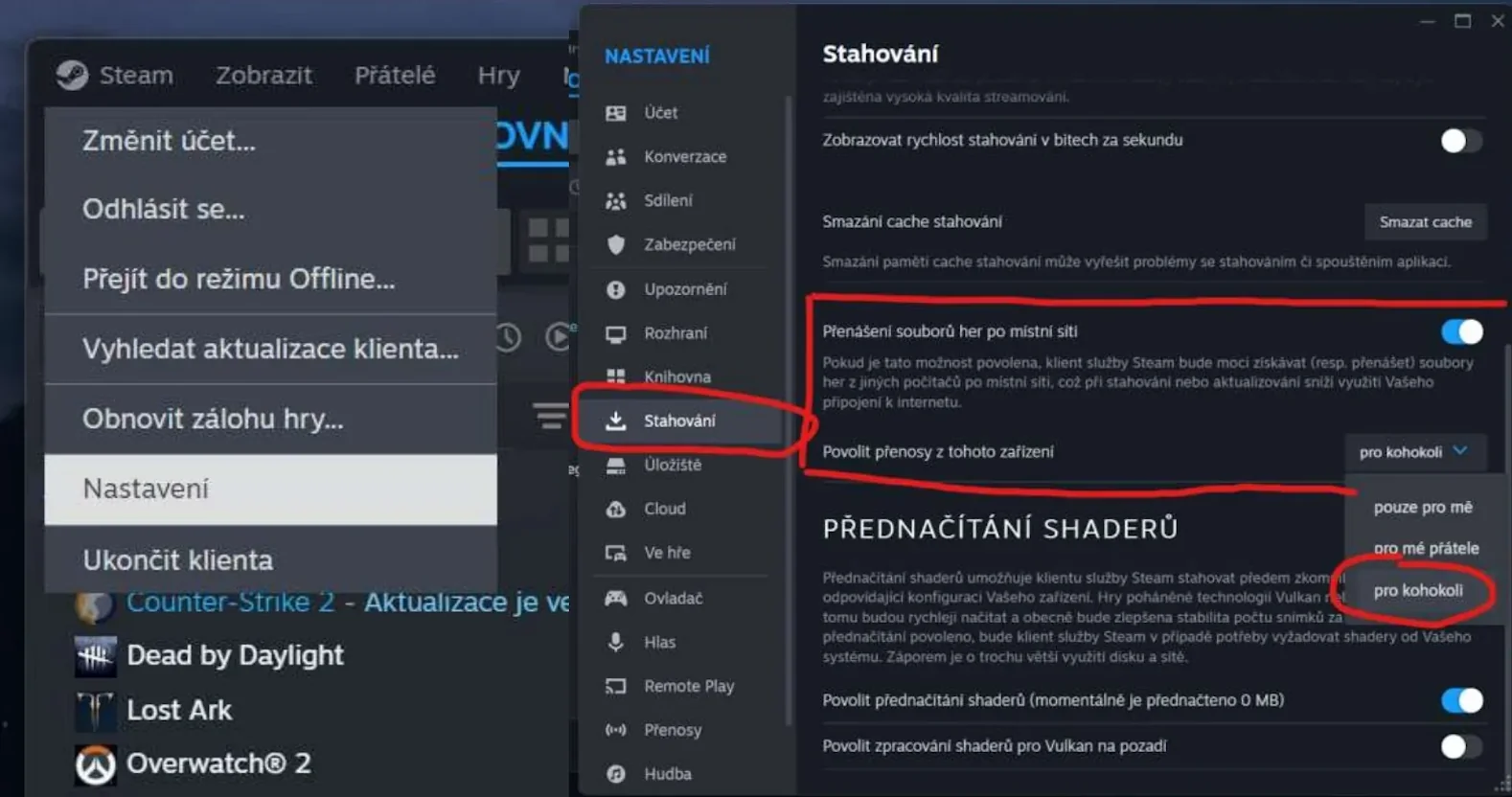 Nastavení Steamu pro povolení přenosu her po místní síti pro kohokoli